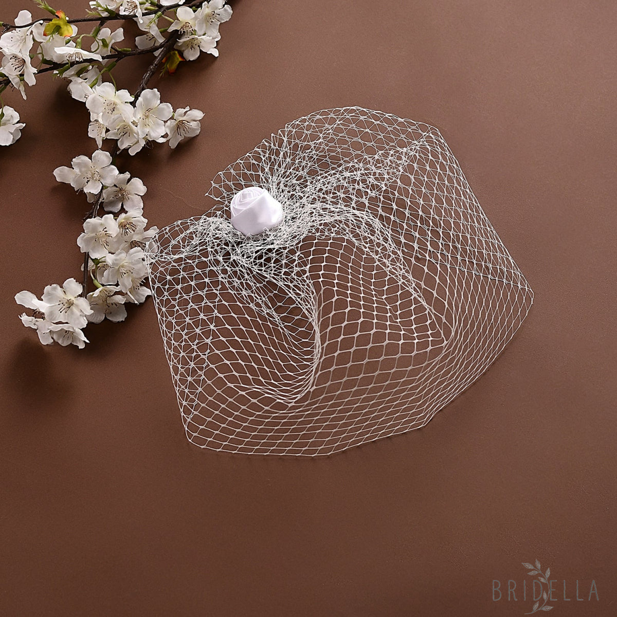 Birdcage Bridal Veil Ribbon Flower Headband Blusher Face Veil White - Bridella BVA02 - IVONY