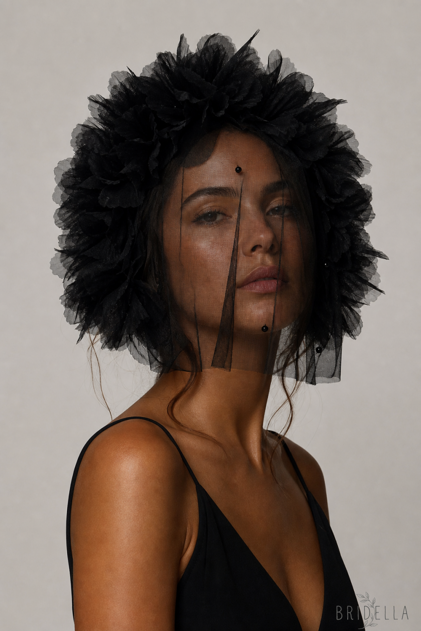 Black Flower Crown Bridal Veil - Bridella BVA21-B - Black