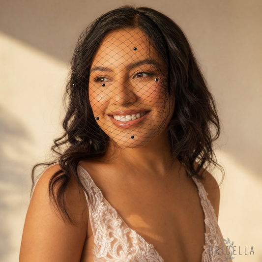 Black Pearl Birdcage Bridal Veil Gothic Wedding Veil - Bridella BMA35 - Black