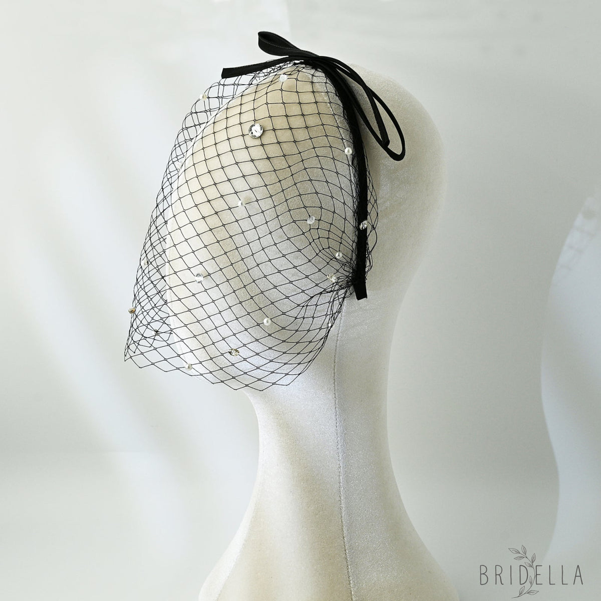 Black Pearl Bow Birdcage Bridal Blusher Veil Rhinestone Wedding Hair Veil - Bridella BMA12 - Black