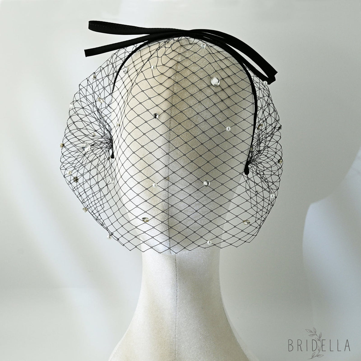 Black Pearl Bow Birdcage Bridal Blusher Veil Rhinestone Wedding Hair Veil - Bridella BMA12 - Black