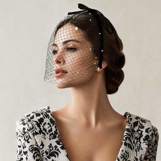 Black Pearl Bow Birdcage Bridal Blusher Veil Rhinestone Wedding Hair Veil - Bridella BMA12 - Black