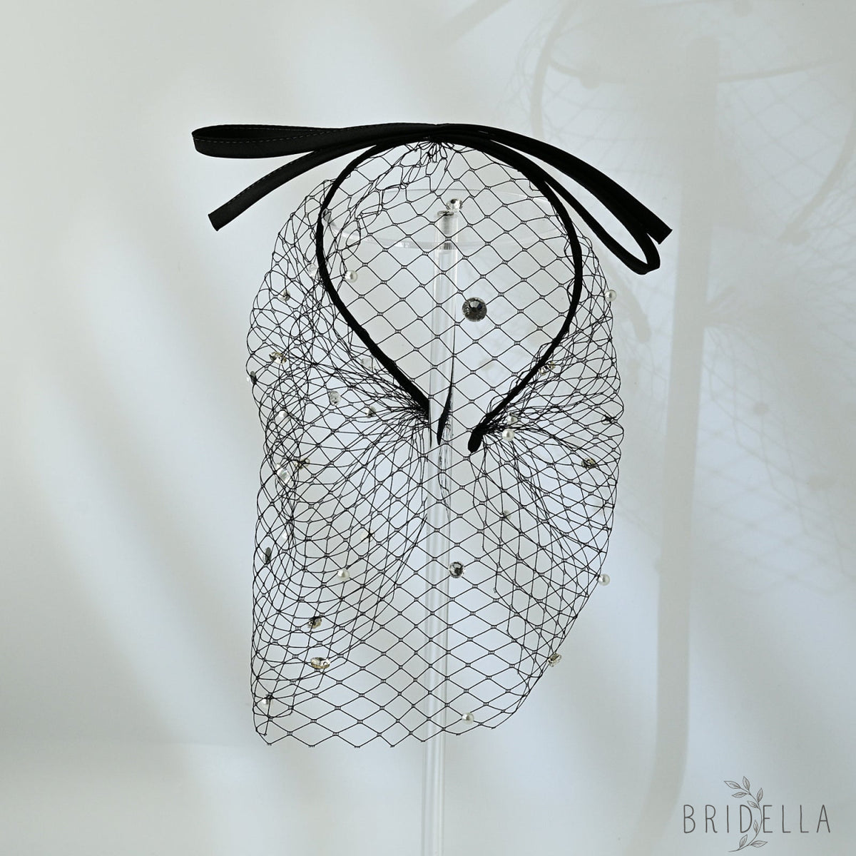 Black Pearl Bow Birdcage Bridal Blusher Veil Rhinestone Wedding Hair Veil - Bridella BMA12 - Black