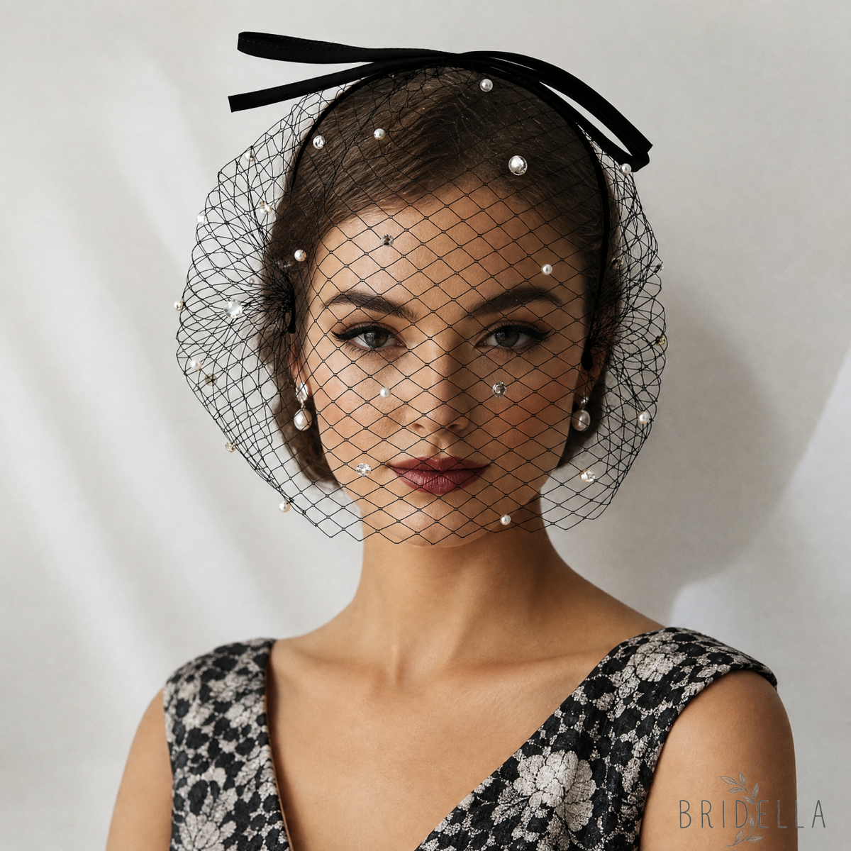 Black Pearl Bow Birdcage Bridal Blusher Veil Rhinestone Wedding Hair Veil - Bridella BMA12 - Black