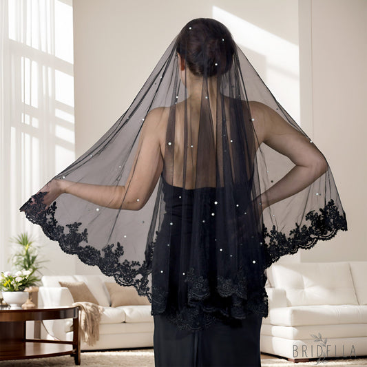V65A black pearl lace veil