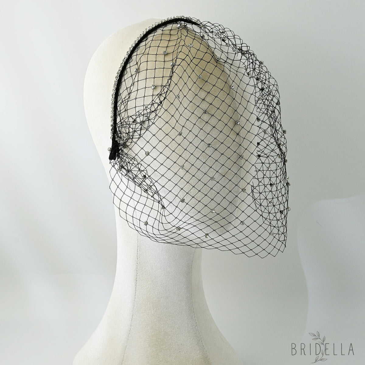 Black Rhinestone Birdcage Bridal Veil Headband for Wedding - Bridella VA09-B - Black - face veil