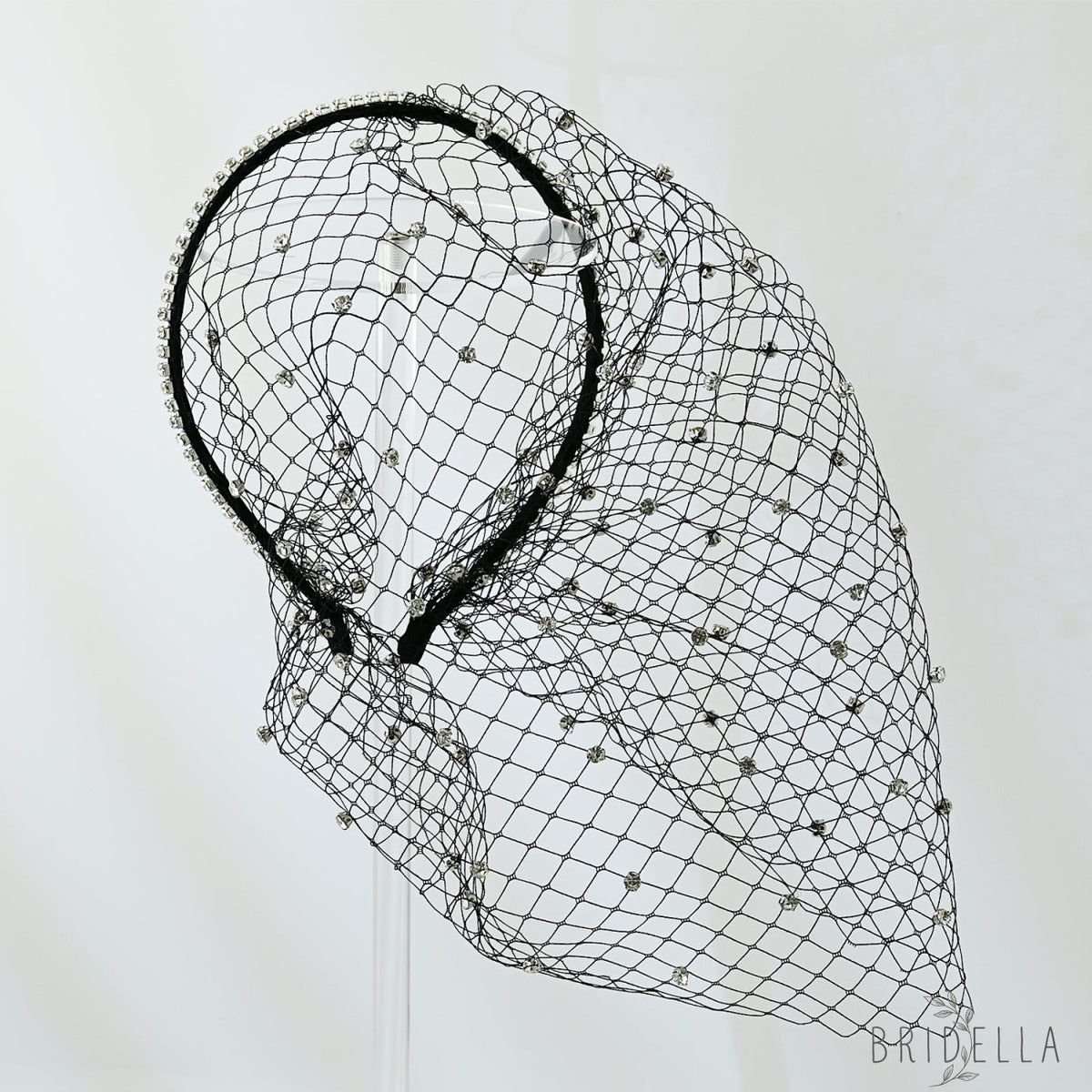 Black Rhinestone Birdcage Bridal Veil Headband for Wedding - Bridella VA09-B - Black - face veil