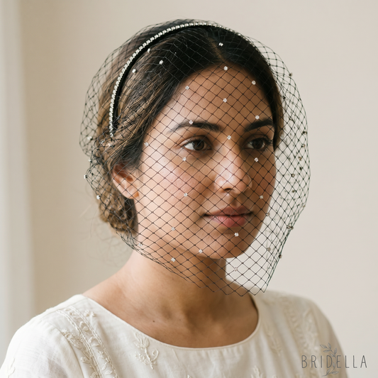 Black Rhinestone Birdcage Bridal Veil Headband for Wedding - Bridella VA09-B - Black - face veil