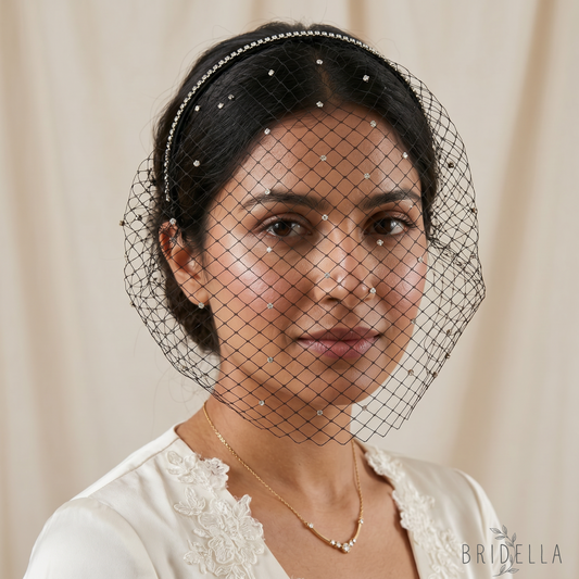 Black Rhinestone Birdcage Bridal Veil Headband for Wedding - Bridella VA09-B - Black - face veil