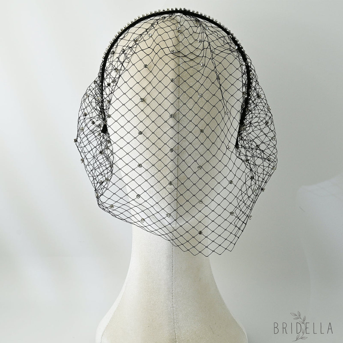 Black Rhinestone Birdcage Bridal Veil Headband for Wedding - Bridella VA09-B - Black - face veil