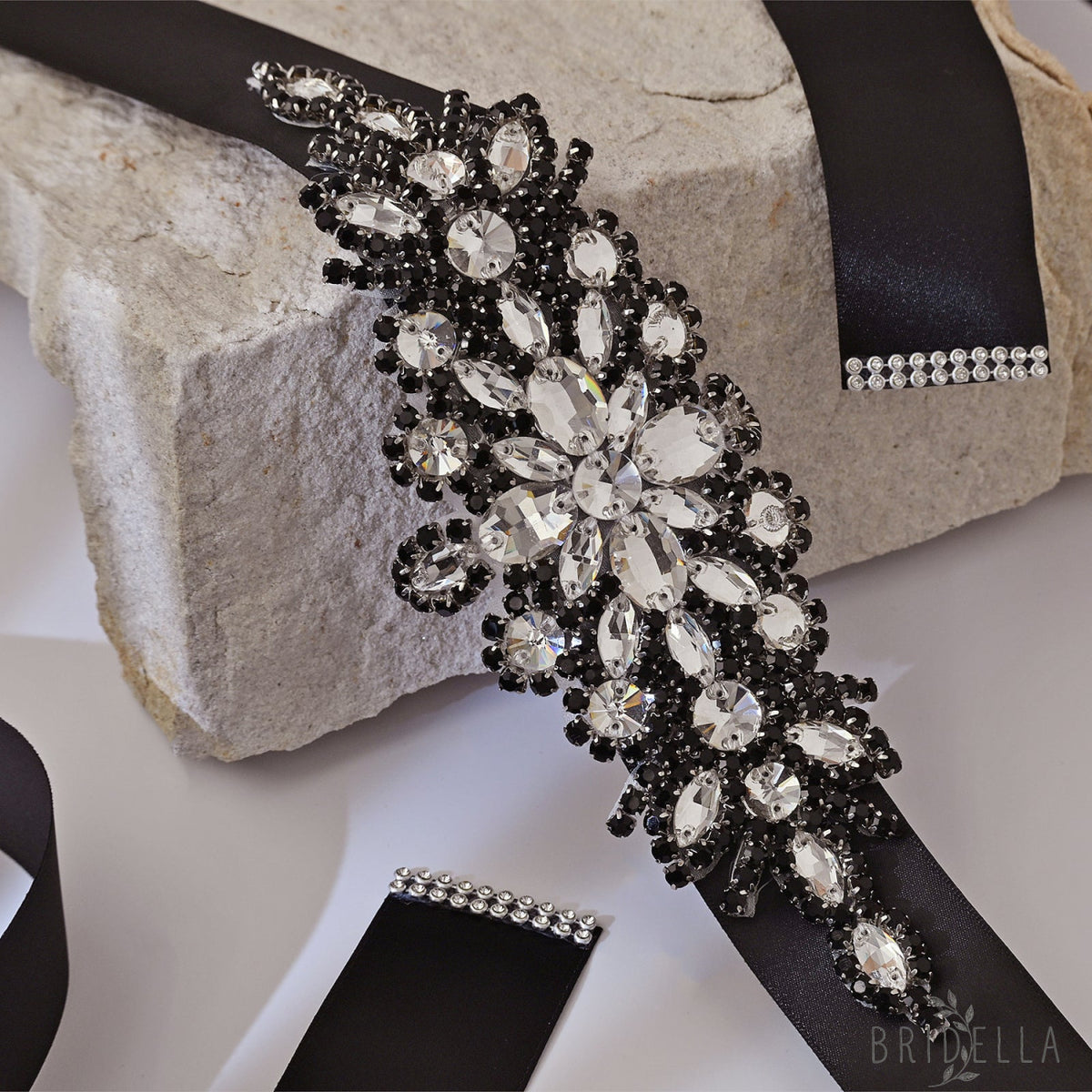 Black Rhinestone Bridal Belt - Black Ribbon - Blets