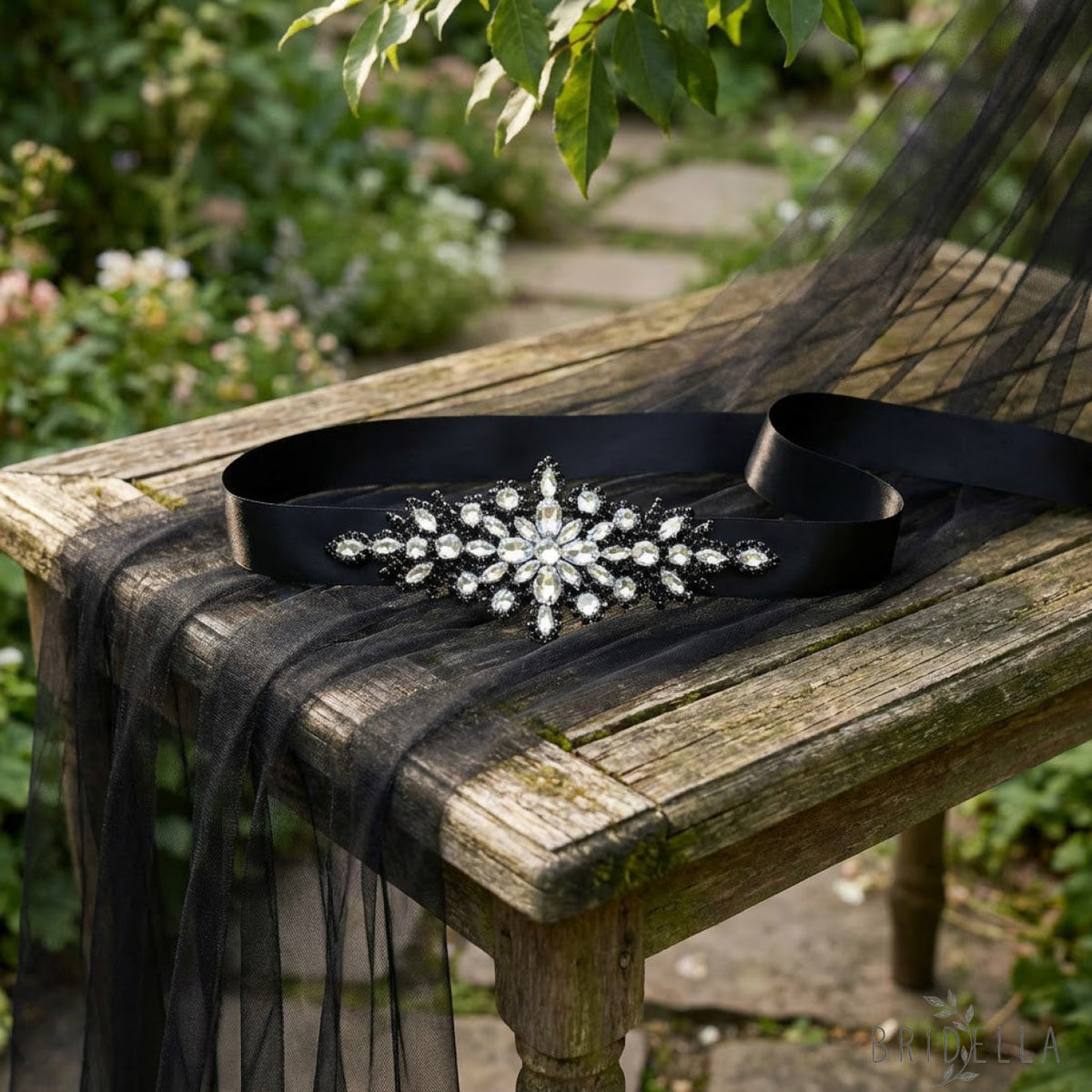 Black Rhinestone Bridal Belt - Black Ribbon - Blets