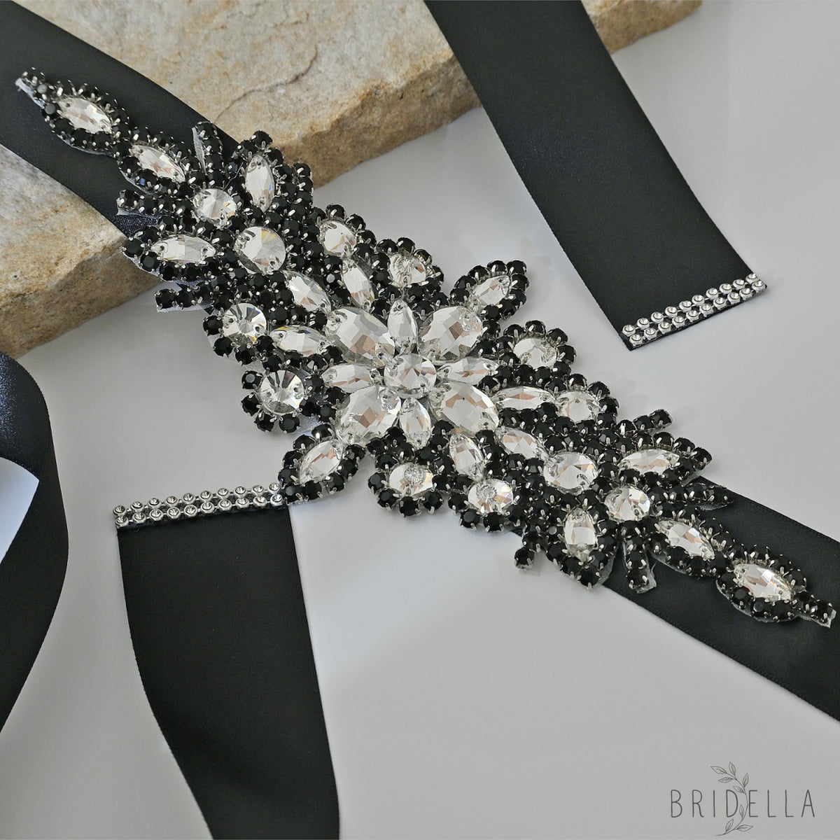 Black Rhinestone Bridal Belt - Black Ribbon - Blets