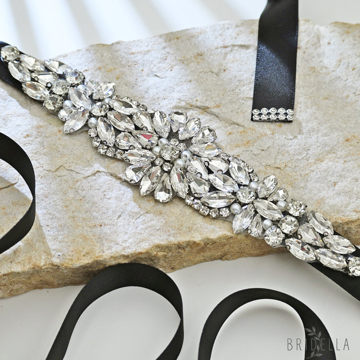 Black Rhinestone Bridal Belt Sash for Wedding - Bridella BS407 - Black Ribbon - Belts