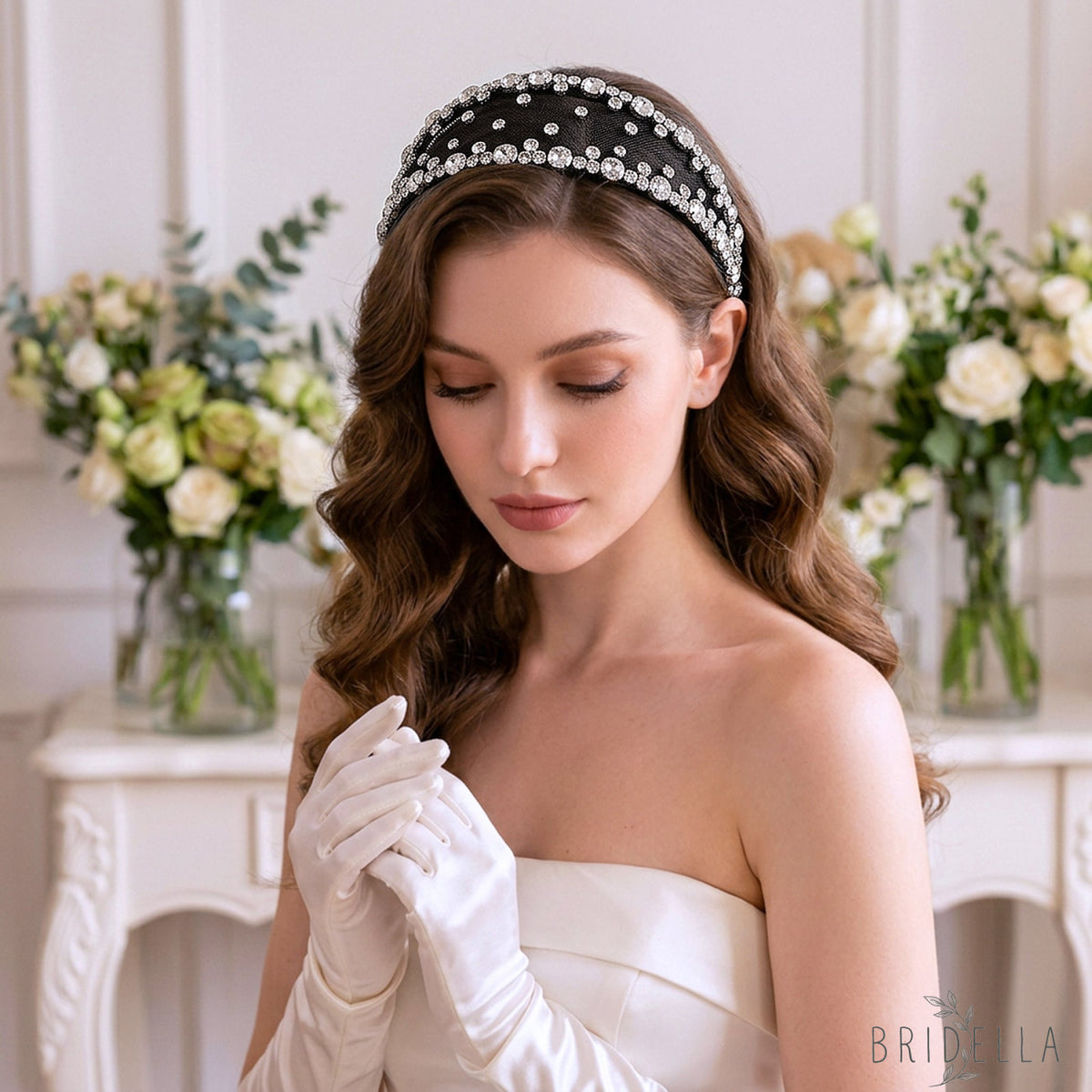 Black Rhinestone Mesh Headband Bridal Hair Accessory - Bridella BYXA43 - Black