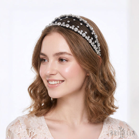 Black Rhinestone Mesh Headband Bridal Hair Accessory - Bridella BYXA43 - Black