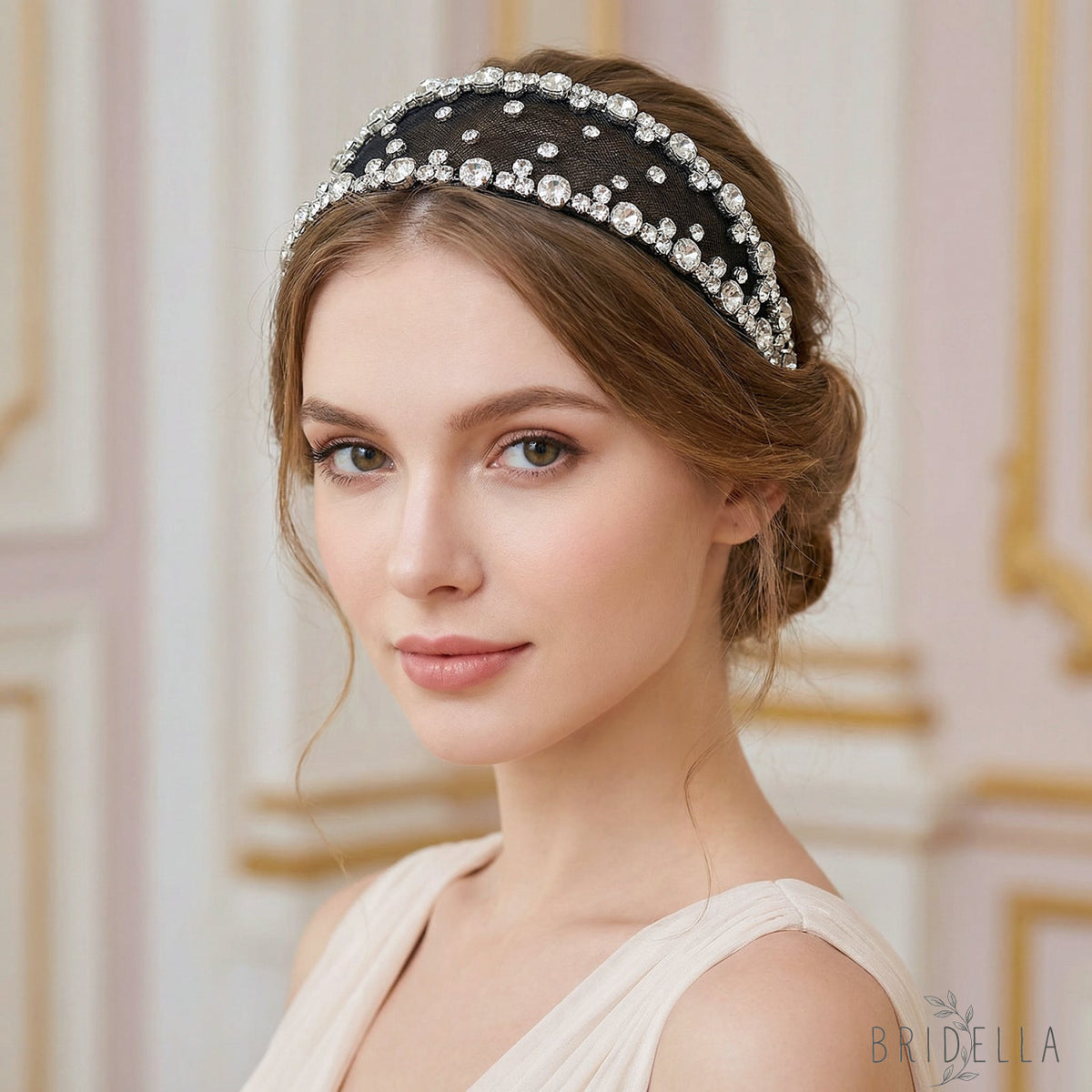 Black Rhinestone Mesh Headband Bridal Hair Accessory - Bridella BYXA43 - Black