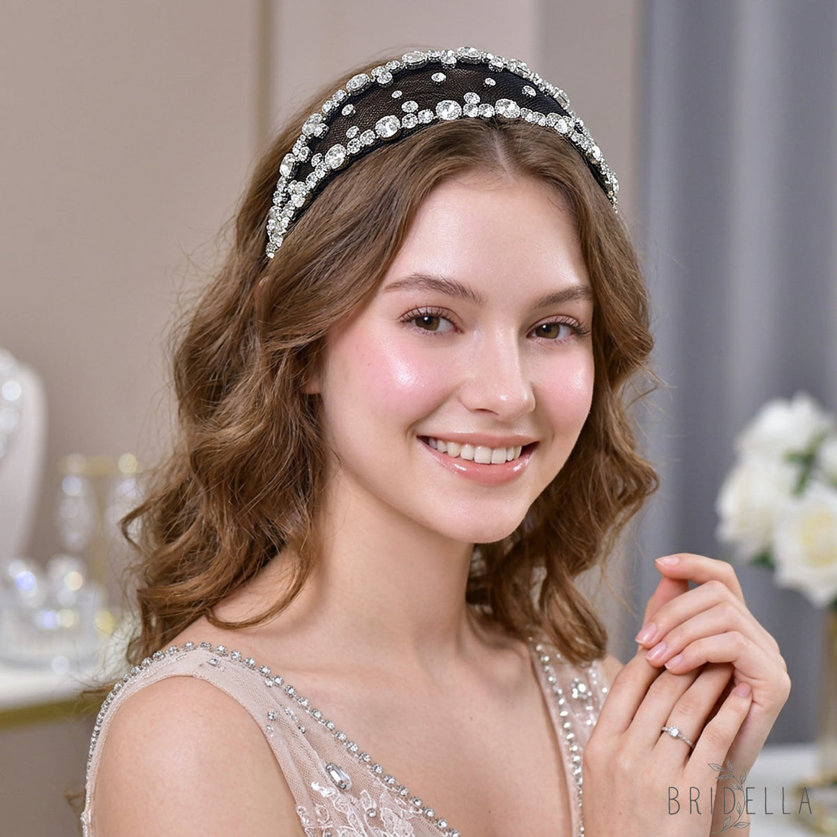Black Rhinestone Mesh Headband Bridal Hair Accessory - Bridella BYXA43 - Black