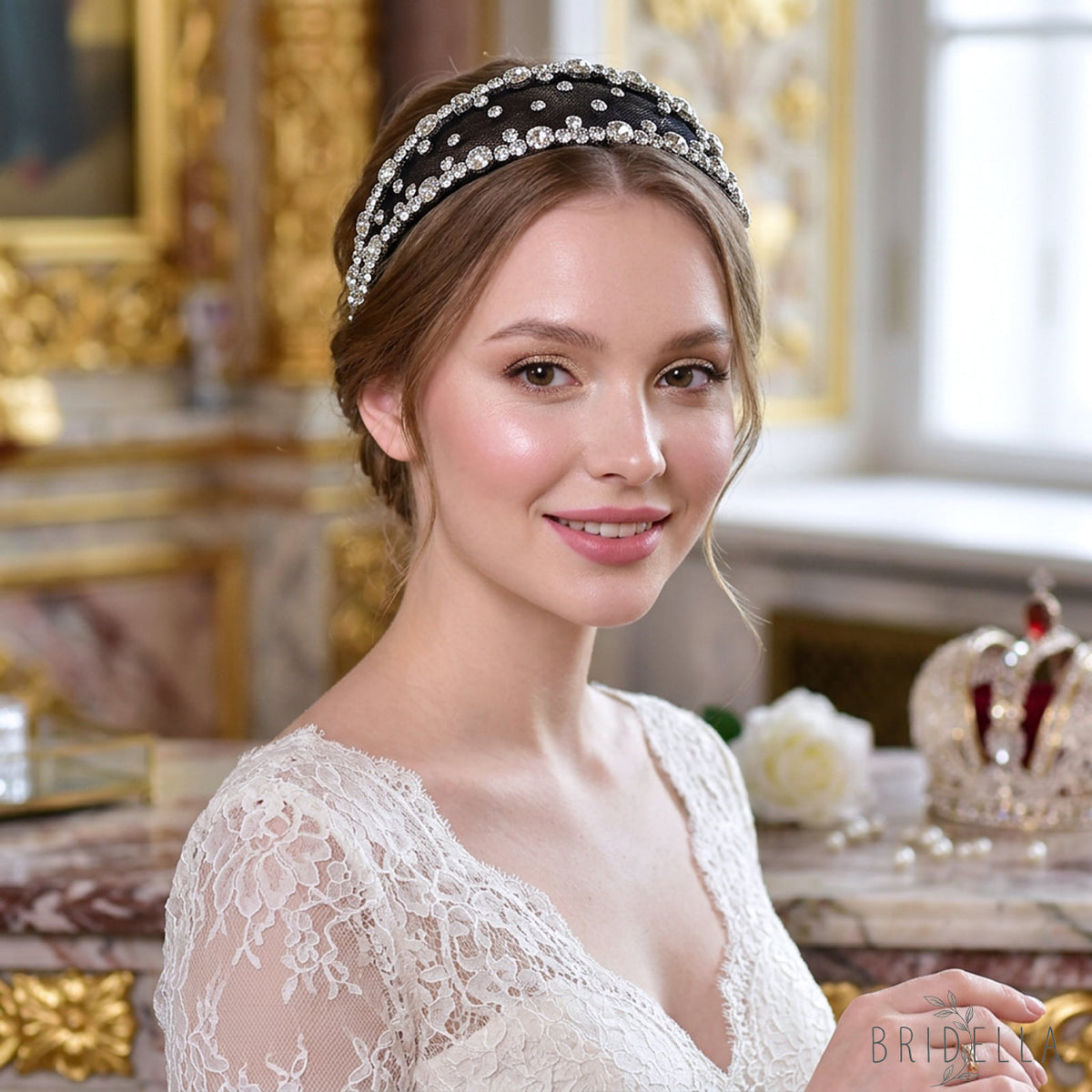 Black Rhinestone Mesh Headband Bridal Hair Accessory - Bridella BYXA43 - Black