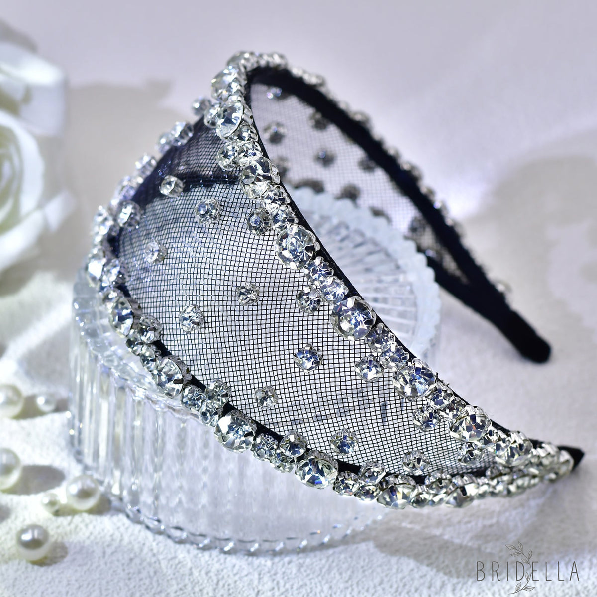 Black Rhinestone Mesh Headband Bridal Hair Accessory - Bridella BYXA43 - Black