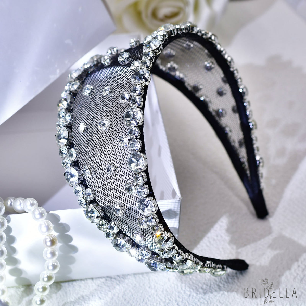 Black Rhinestone Mesh Headband Bridal Hair Accessory - Bridella BYXA43 - Black