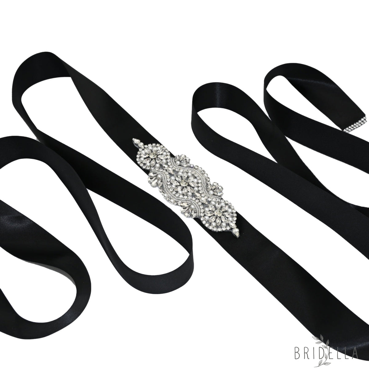 Black Rhinestone Pearl Bridal Belt Wedding Sash - Black Ribbon - Blets