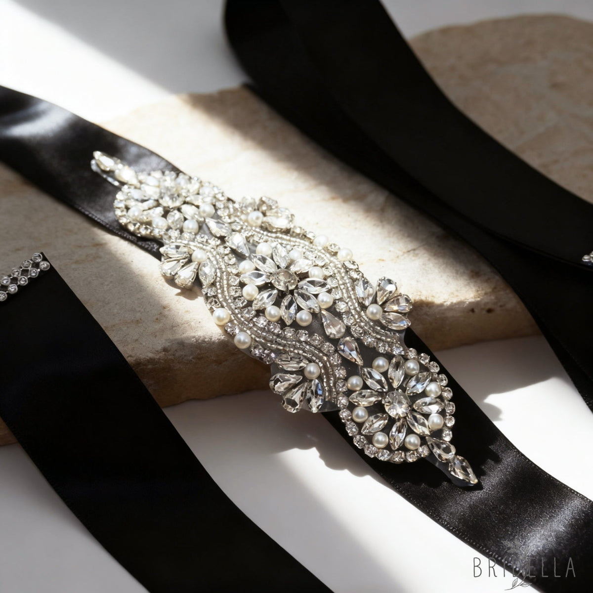 Black Rhinestone Pearl Bridal Belt Wedding Sash - Black Ribbon - Blets