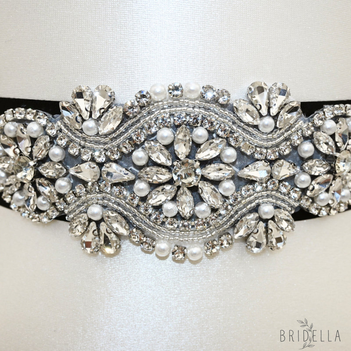 Black Rhinestone Pearl Bridal Belt Wedding Sash - Black Ribbon - Blets