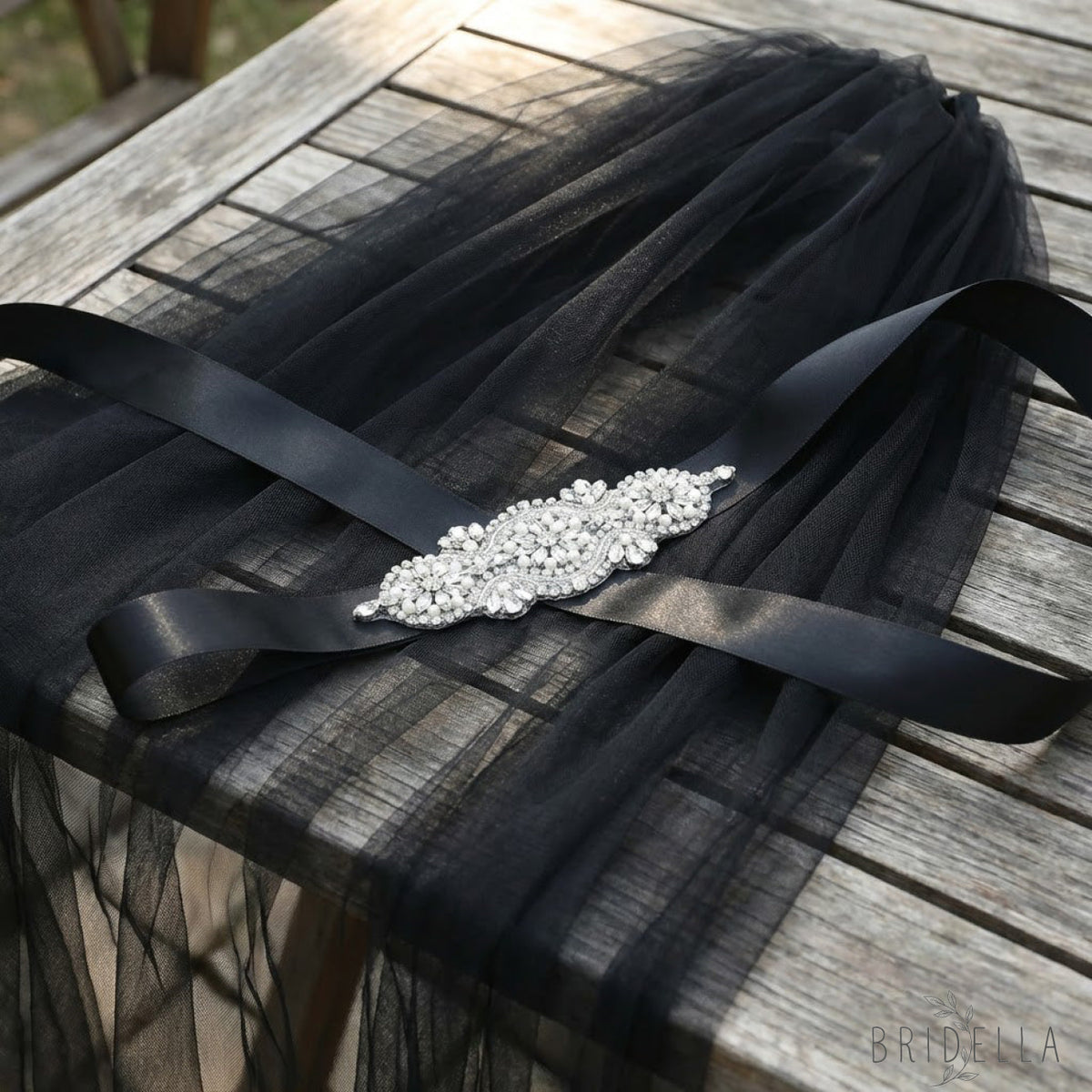 Black Rhinestone Pearl Bridal Belt Wedding Sash - Black Ribbon - Blets