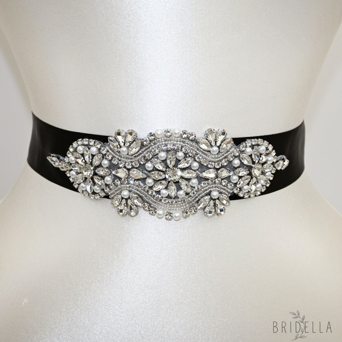 Black Rhinestone Pearl Bridal Belt Wedding Sash - Black Ribbon - Blets