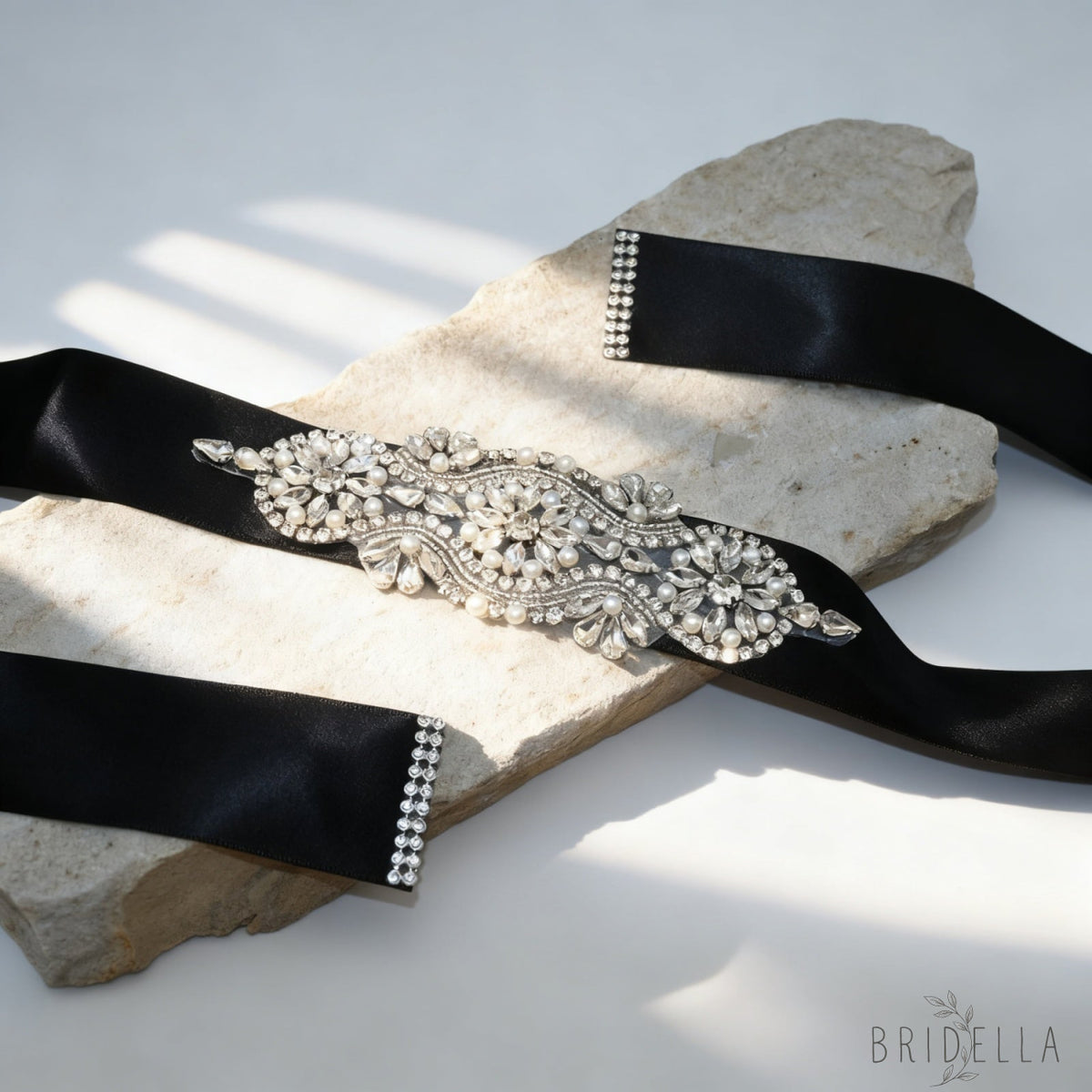 Black Rhinestone Pearl Bridal Belt Wedding Sash - Black Ribbon - Blets