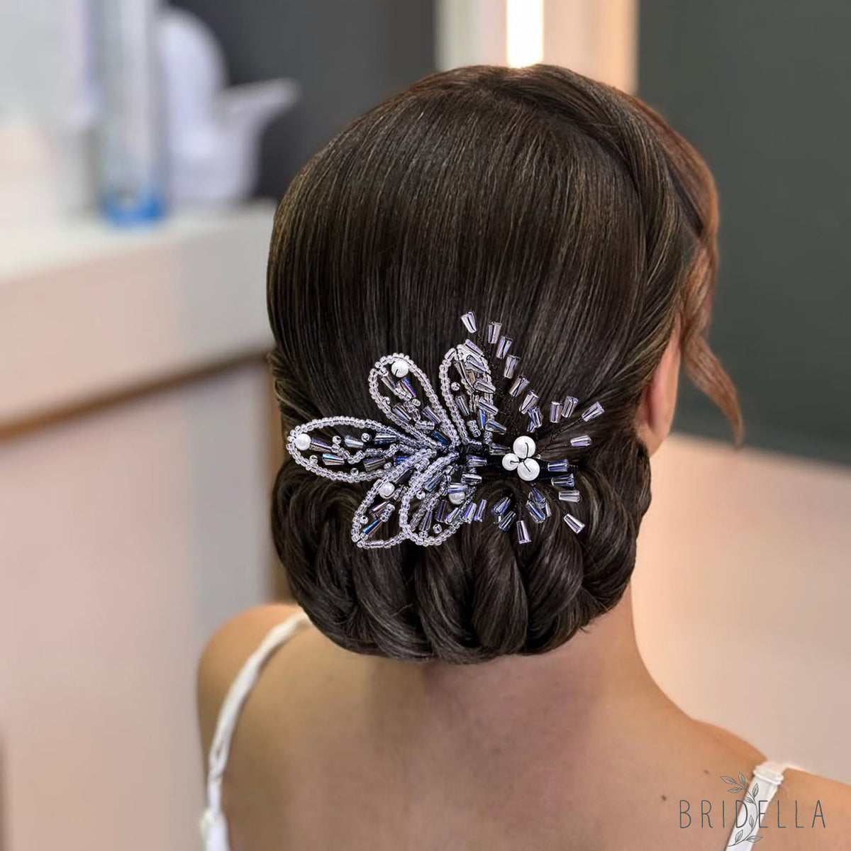 Blue Crystal Leaf Bridal Hair Pin Wedding Hairpiece - Bridella BYXA113 - Blue