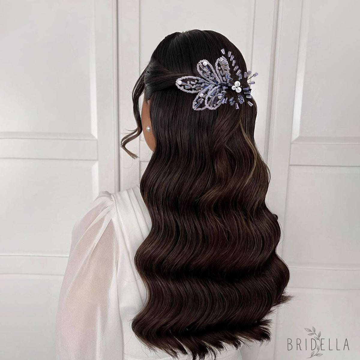 Blue Crystal Leaf Bridal Hair Pin Wedding Hairpiece - Bridella BYXA113 - Blue