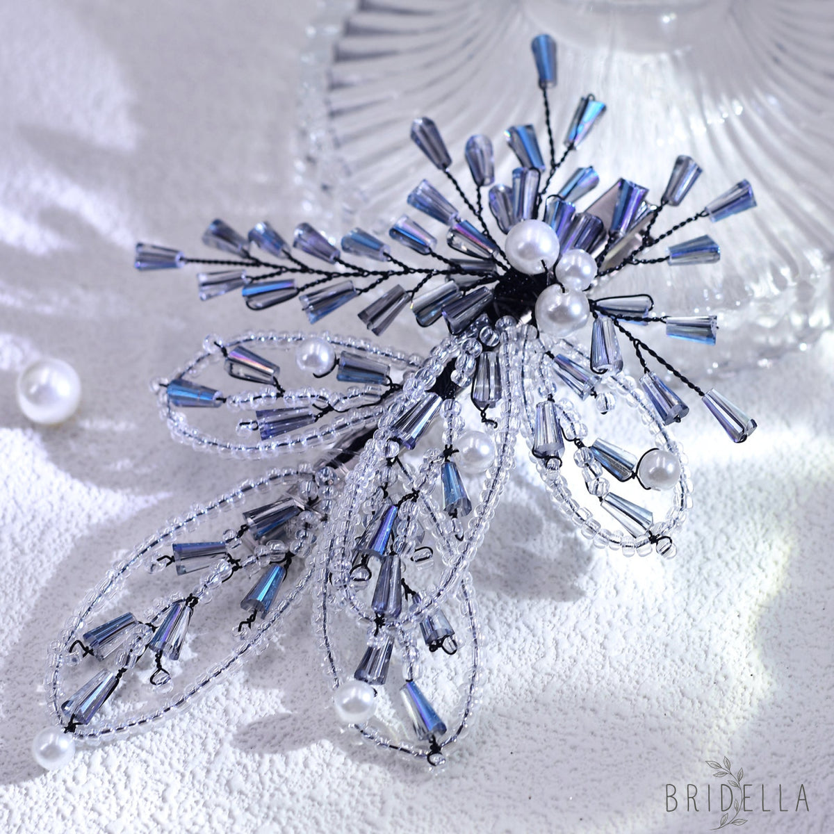 Blue Crystal Leaf Bridal Hair Pin Wedding Hairpiece - Bridella BYXA113 - Blue