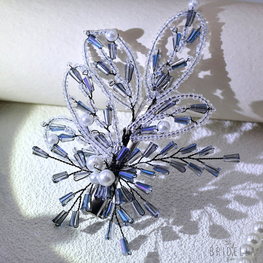 Blue Crystal Leaf Bridal Hair Pin Wedding Hairpiece - Bridella BYXA113 - Blue