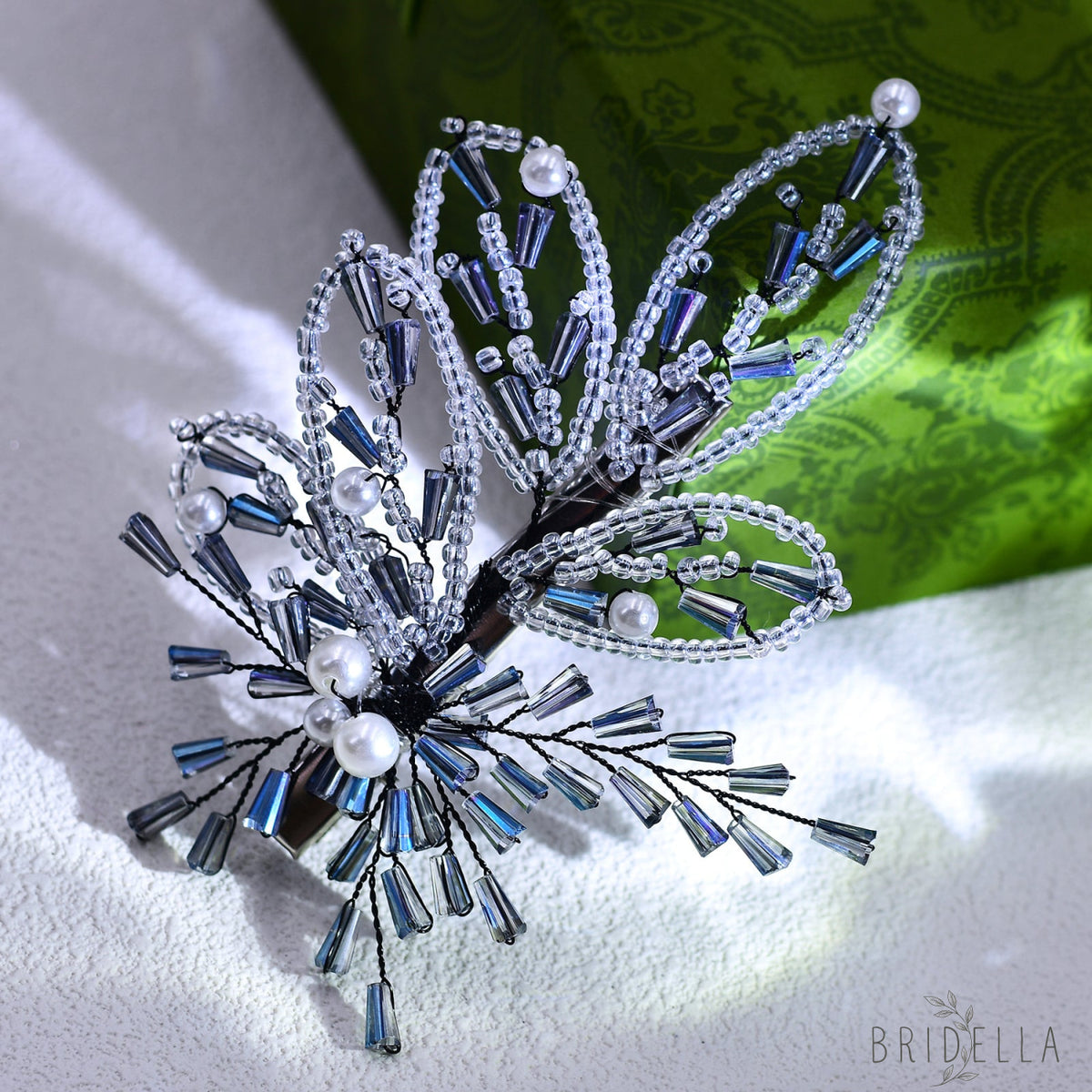 Blue Crystal Leaf Bridal Hair Pin Wedding Hairpiece - Bridella BYXA113 - Blue