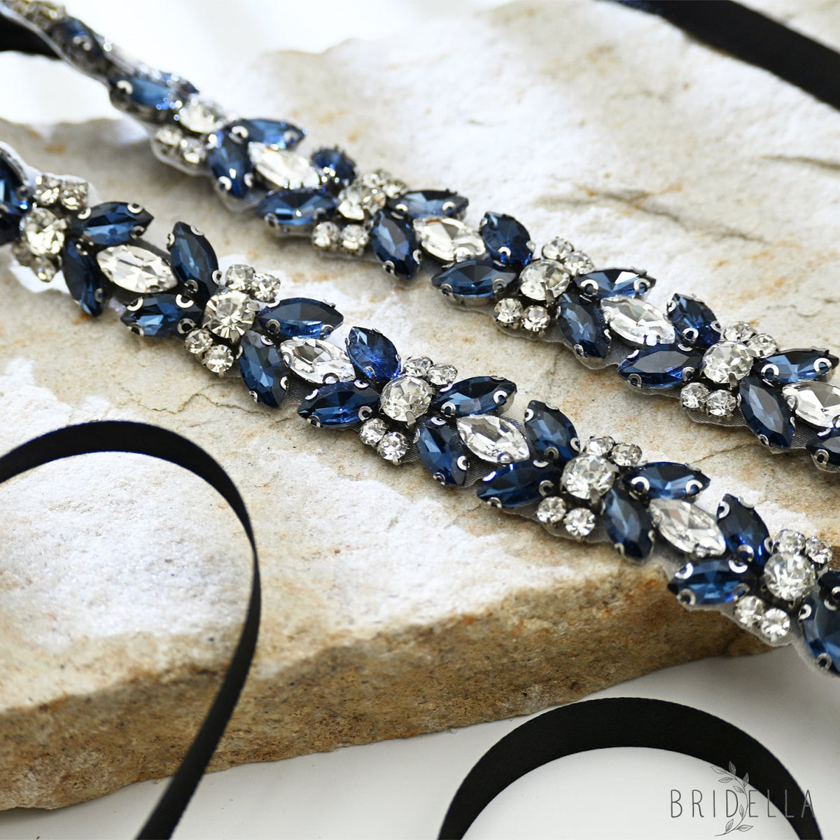 Blue Rhinestone Bridal Belt Wedding Sash - Blue - Belts