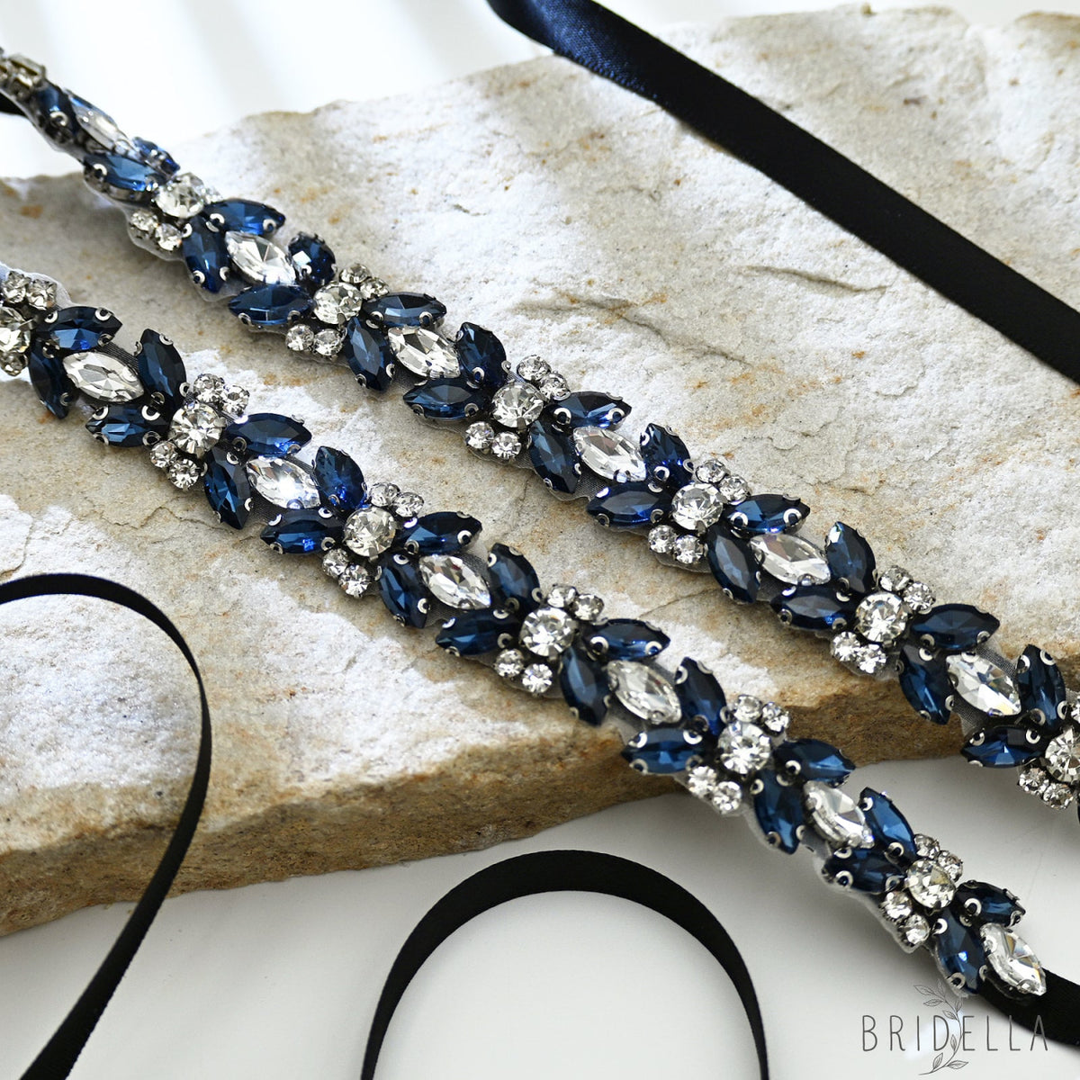 Blue Rhinestone Bridal Belt Wedding Sash - Blue - Belts