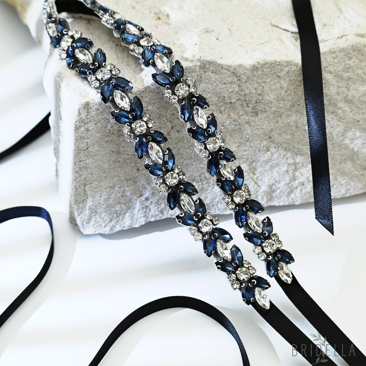 Blue Rhinestone Bridal Belt Wedding Sash - Blue - Belts