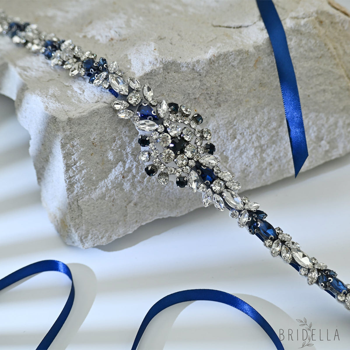 Blue Rhinestone Bridal Sash Wedding Dress Belt – Bridella BS124ML - ink blue - Belts