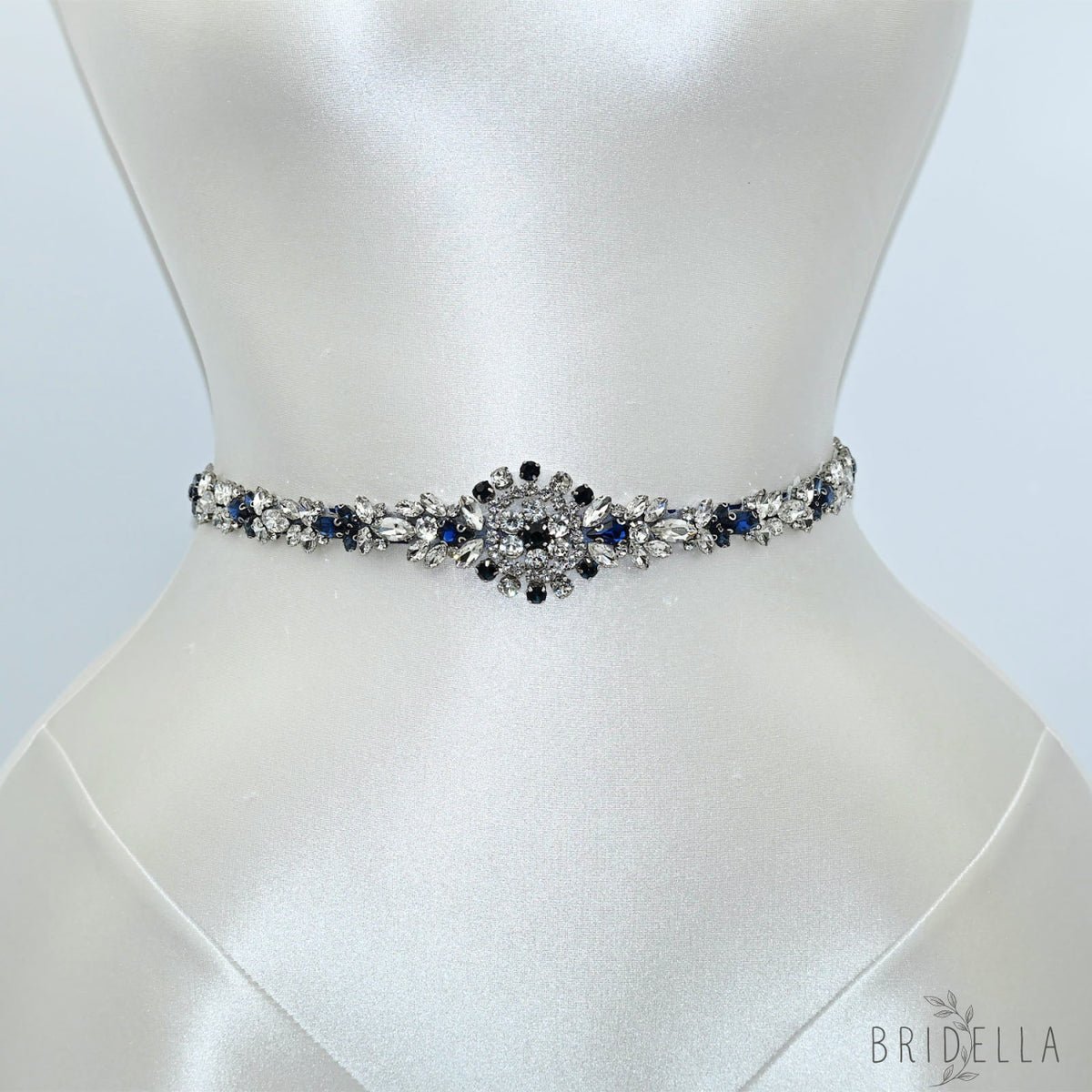 Blue Rhinestone Bridal Sash Wedding Dress Belt – Bridella BS124ML - ink blue - Belts