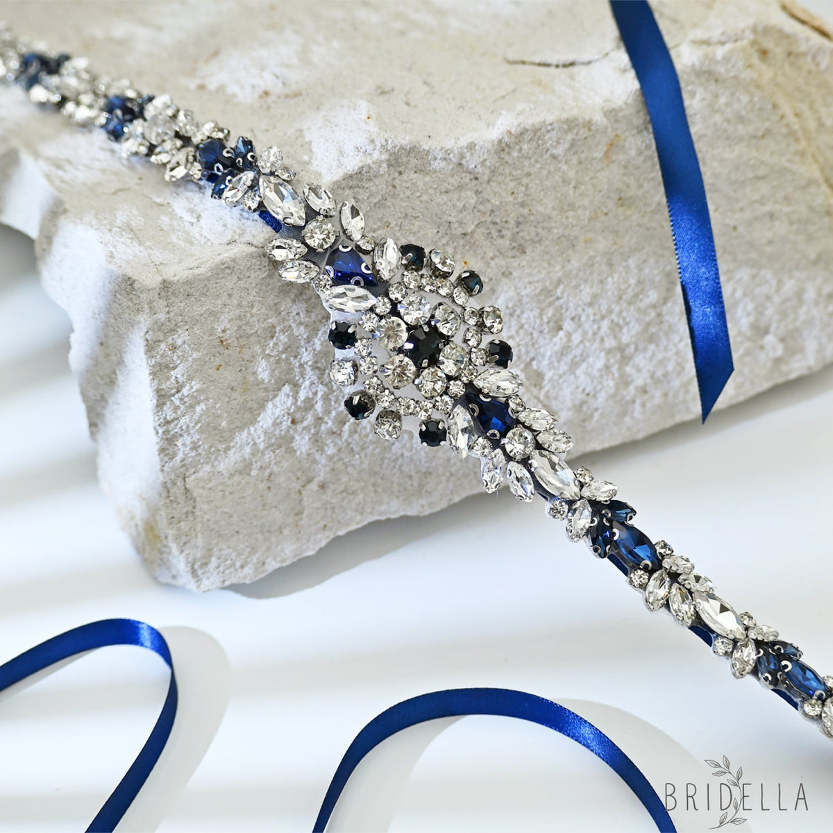 Blue Rhinestone Bridal Sash Wedding Dress Belt – Bridella BS124ML - ink blue - Belts
