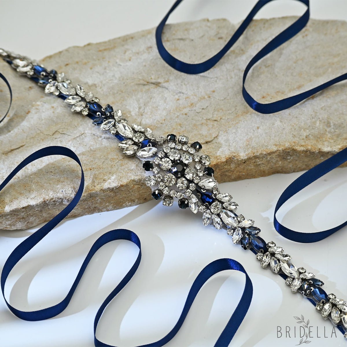 Blue Rhinestone Bridal Sash Wedding Dress Belt – Bridella BS124ML - ink blue - Belts
