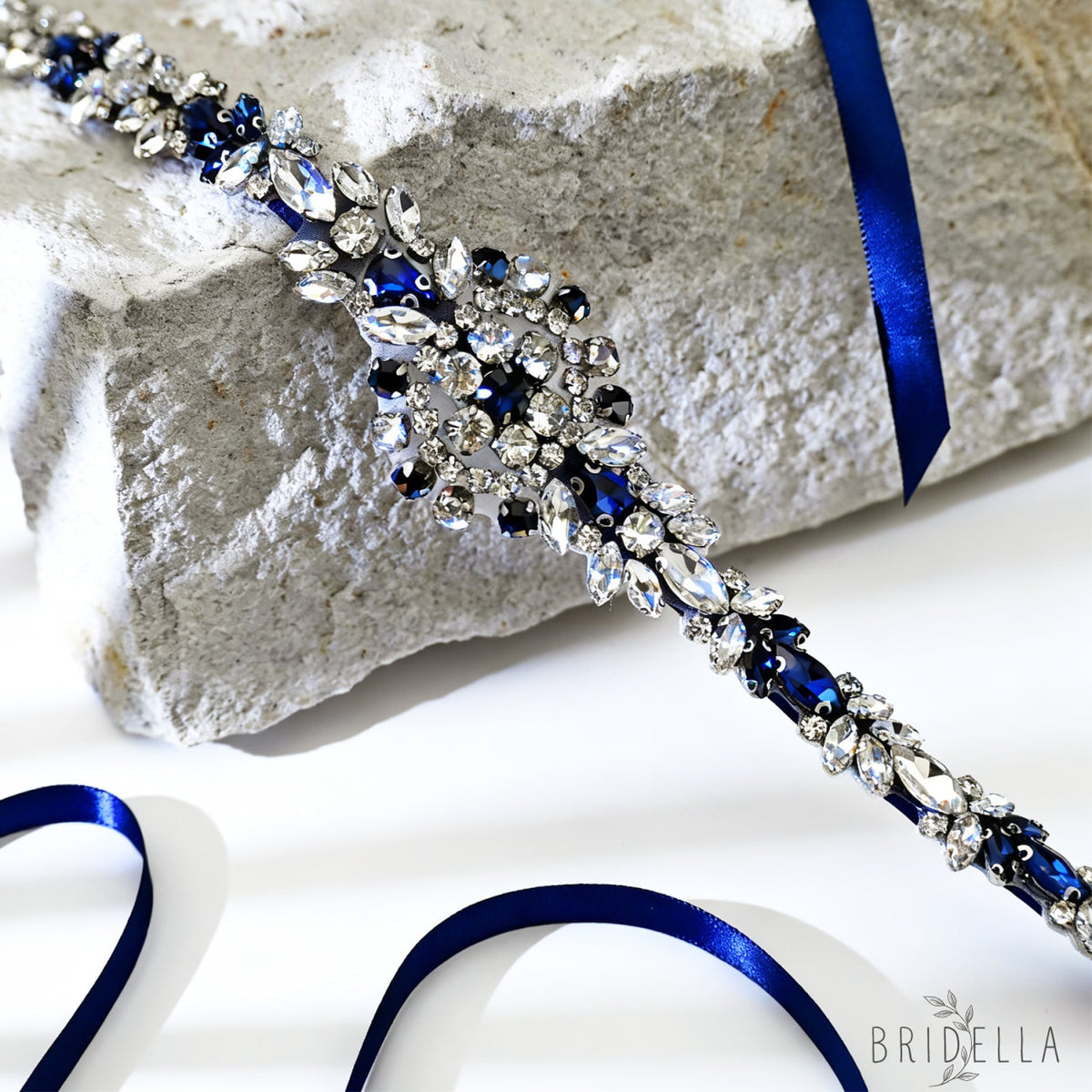 Blue Rhinestone Bridal Sash Wedding Dress Belt – Bridella BS124ML - ink blue - Belts