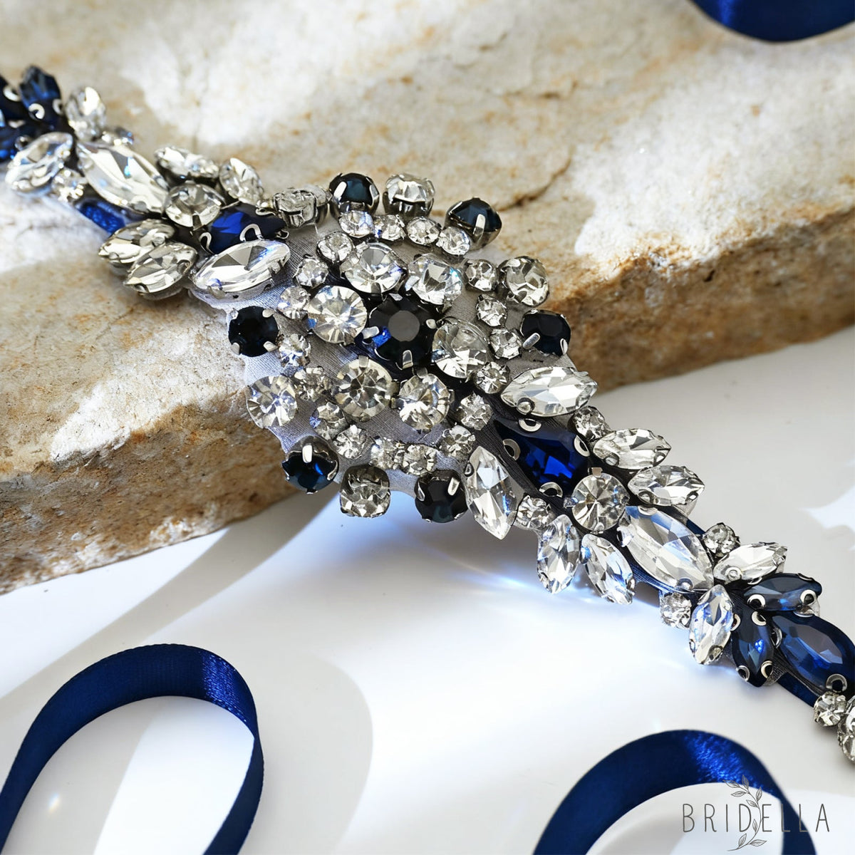 Blue Rhinestone Bridal Sash Wedding Dress Belt – Bridella BS124ML - ink blue - Belts