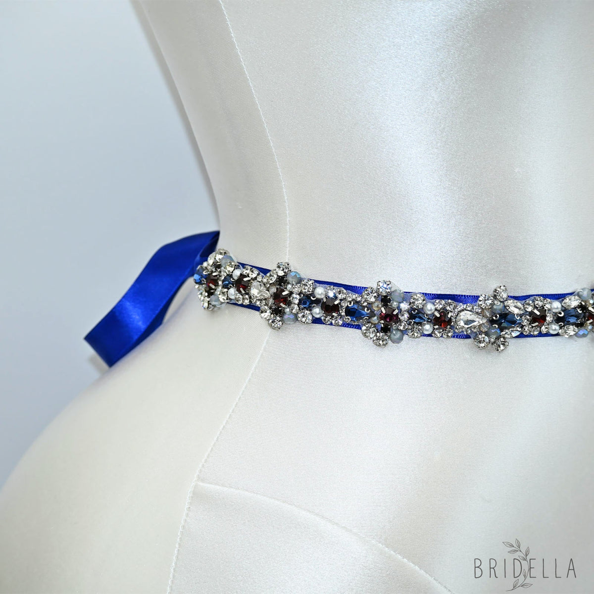 Blue Rhinestone Pearl Bridal Sash Wedding Dress Belt – Bridella BS125ML - ink blue - Belts