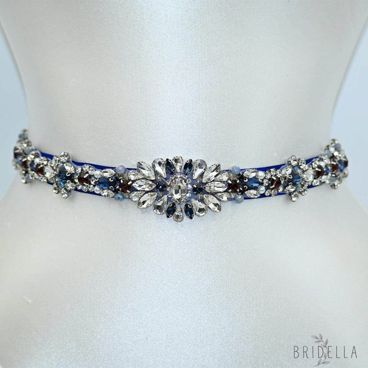 Blue Rhinestone Pearl Bridal Sash Wedding Dress Belt – Bridella BS125ML - ink blue - Belts