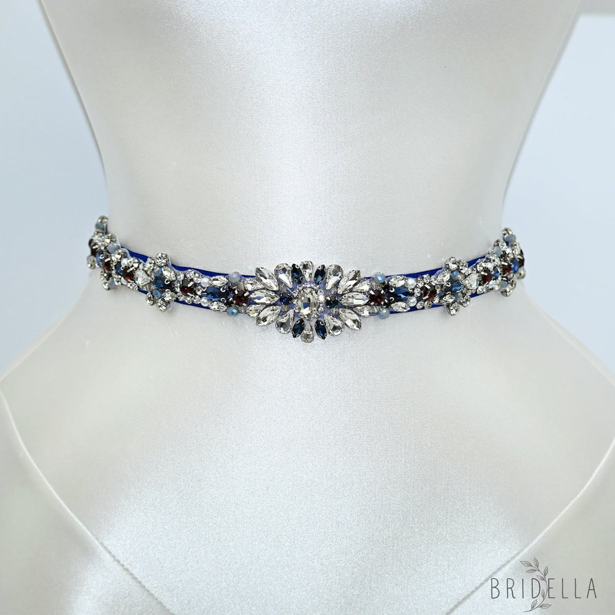 Blue Rhinestone Pearl Bridal Sash Wedding Dress Belt – Bridella BS125ML - ink blue - Belts