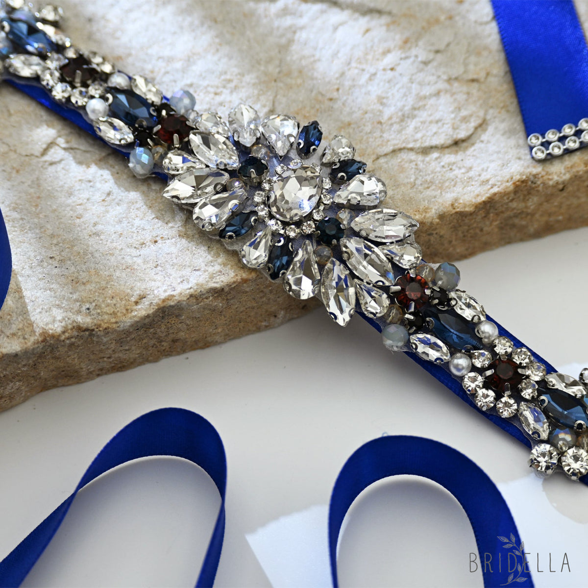 Blue Rhinestone Pearl Bridal Sash Wedding Dress Belt – Bridella BS125ML - ink blue - Belts