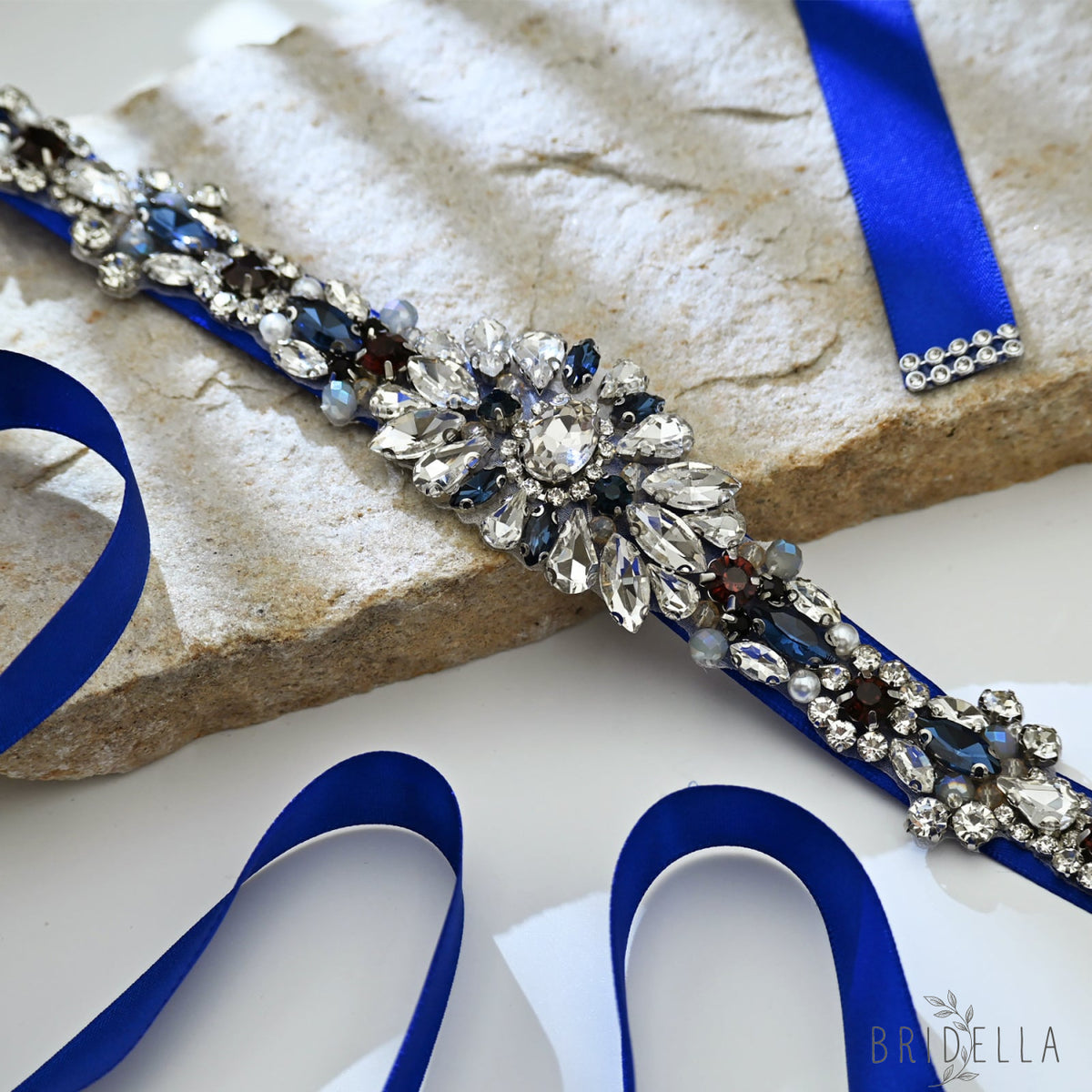 Blue Rhinestone Pearl Bridal Sash Wedding Dress Belt – Bridella BS125ML - ink blue - Belts